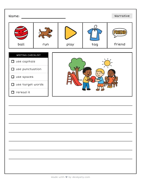 Showing an act of kindness to someone on the playground — real worksheet preview with word bank and writing lines