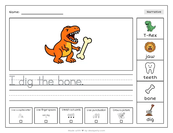 Free printable Kindergarten write and draw worksheet - The mighty T-Rex has sharp teeth and tracing sentence and coloring page