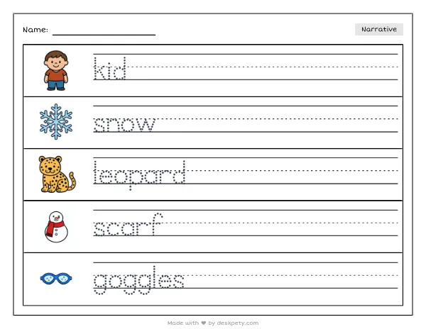 Free printable Kindergarten write and draw worksheet - A kid with a long scarf and goggles riding a giant snow leopard across a frozen tundra at twilight tracing sentence and coloring page (page 1 of 4)