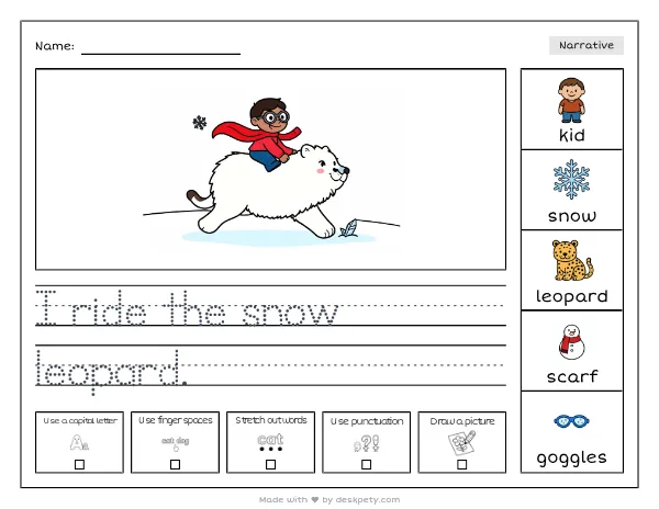 A kid with a long scarf and goggles riding a giant snow leopard across a frozen tundra at twilight — real worksheet preview with word bank and writing lines