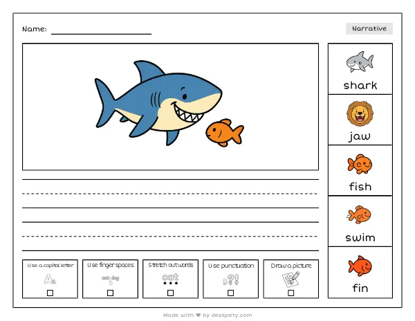Free printable Kindergarten write and draw worksheet - A great white shark has sharp teeth and can tracing sentence and coloring page