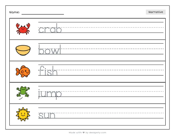 A crab juggling three shiny goldfish bowls — real worksheet preview with word bank and writing lines