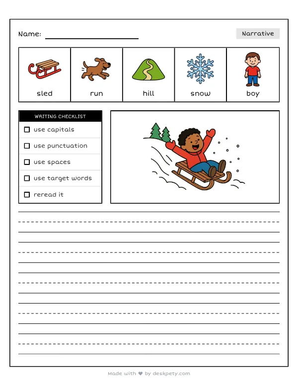 Sledding down a steep, snowy hill on a wooden sled — real worksheet preview with word bank and writing lines