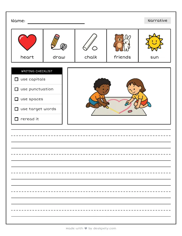 Two friends drawing a giant chalk heart on a sunny sidewalk — real worksheet preview with word bank and writing lines