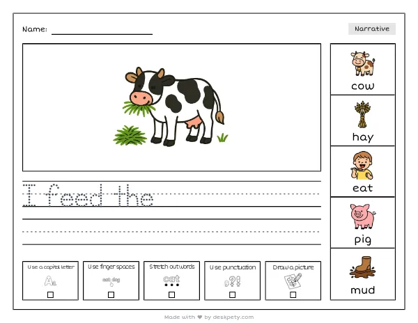Free printable Kindergarten write and draw worksheet - Feeding the gentle dairy cows fresh green hay tracing sentence and coloring page