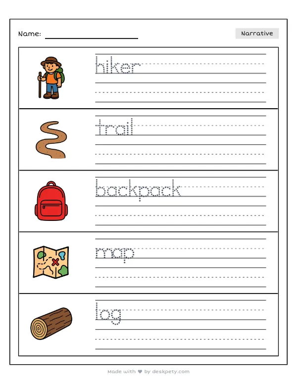 Free printable K-1 narrative writing prompt worksheet - Hiking on the forest trail I discovered a with word bank and handwriting lines (page 1 of 5)