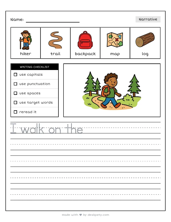 Free printable K-1 narrative writing prompt worksheet - Hiking on the forest trail I discovered a with word bank and handwriting lines