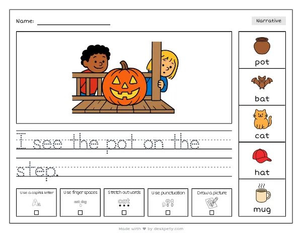 A glowing jack-o'-lantern on a creaky wooden porch — real worksheet preview with word bank and writing lines