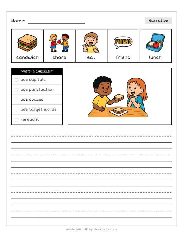 A child offering half of a sandwich to a new student — real worksheet preview with word bank and writing lines