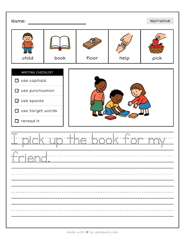 Helping a classmate pick up dropped books from the floor — real worksheet preview with word bank and writing lines