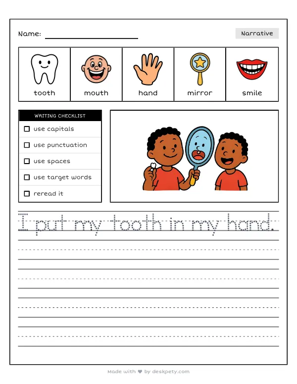 The exciting day I finally lost my first baby tooth — real worksheet preview with word bank and writing lines