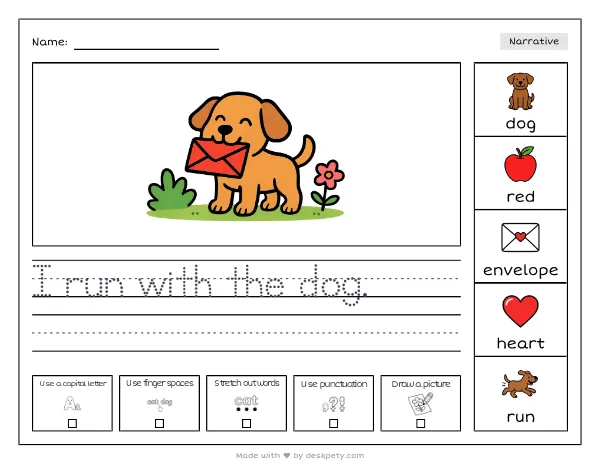 A small dog carrying a red envelope in its mouth — real worksheet preview with word bank and writing lines