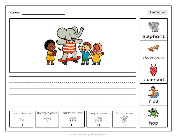 A skateboarding elephant in a striped swimsuit — real worksheet preview with word bank and writing lines