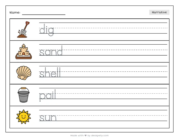 Free printable Kindergarten write and draw worksheet - Walking along the sandy beach I found a tracing sentence and coloring page