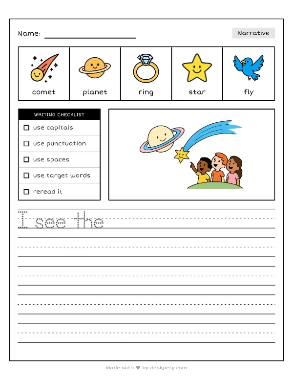A comet with a long, glowing blue tail streaking past a ringed planet — real worksheet preview with word bank and writing lines