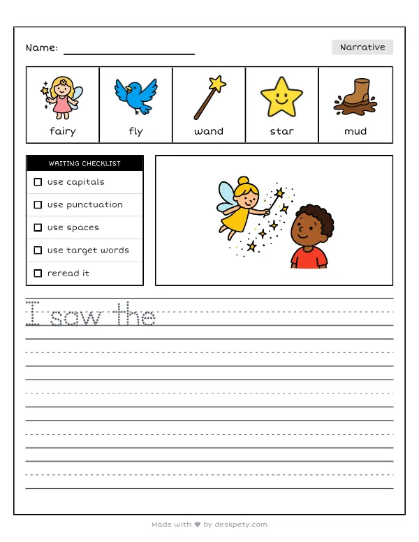 Free printable K-1 narrative writing prompt worksheet - A tiny sparkling fairy helped the lost with word bank and handwriting lines