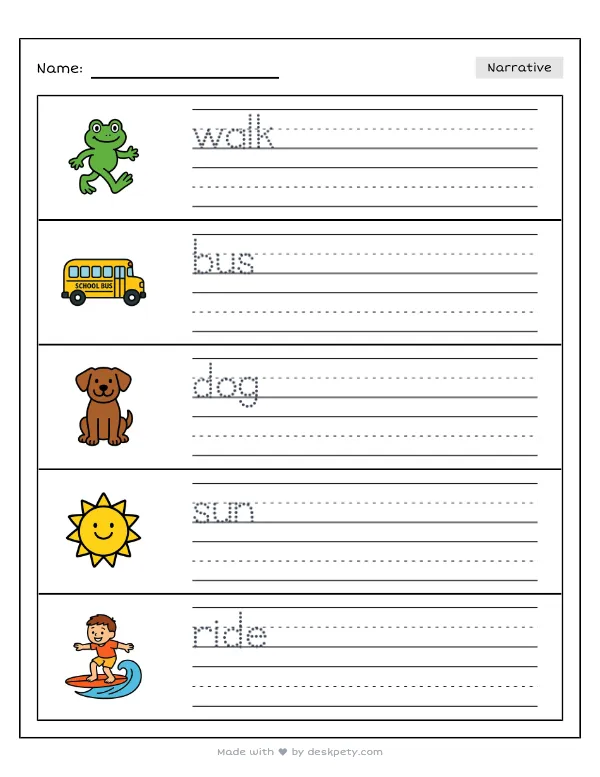 Free printable K-1 narrative writing prompt worksheet - Walking instead of riding in a car helps with word bank and handwriting lines
