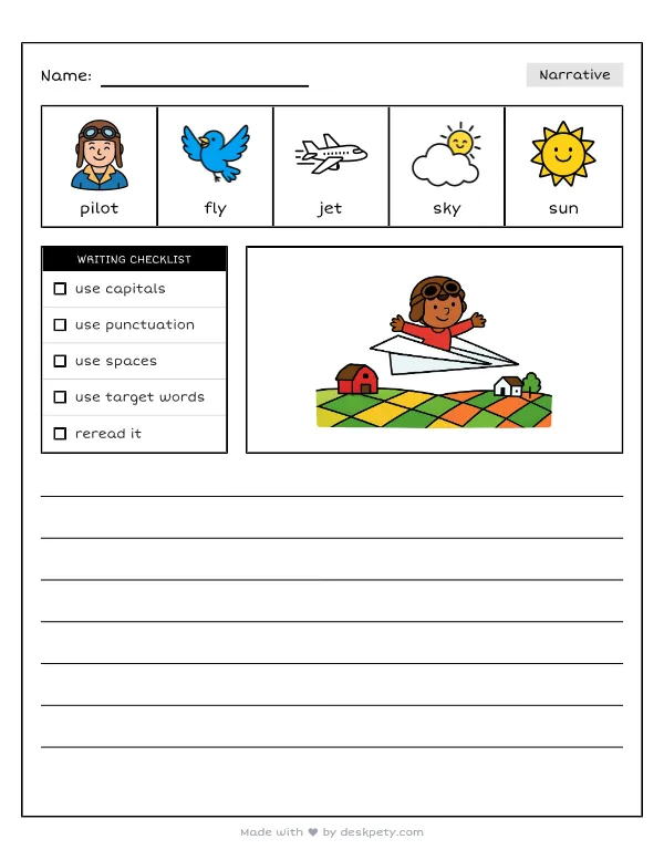 A tiny pilot soaring over a checkerboard farm in a paper airplane — real worksheet preview with word bank and writing lines
