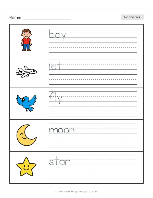 A child launching a paper airplane that soars out of an open window into the night sky — real worksheet preview with word bank and writing lines