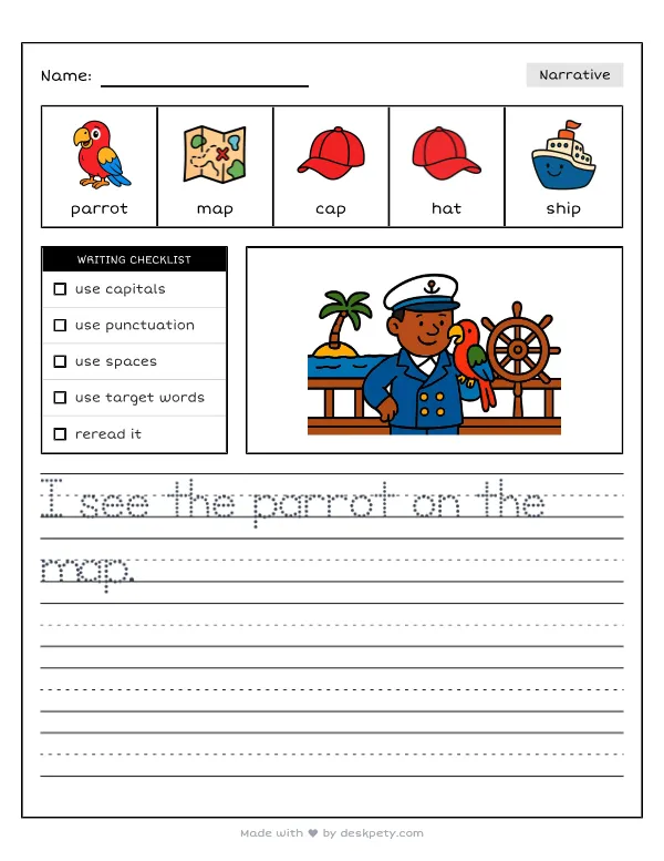 Free printable K-1 narrative writing prompt worksheet - A colorful talking parrot sitting on the captain shoulder with word bank and handwriting lines