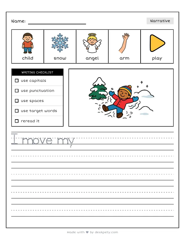 Making perfect snow angels in the deep, fresh snow — real worksheet preview with word bank and writing lines