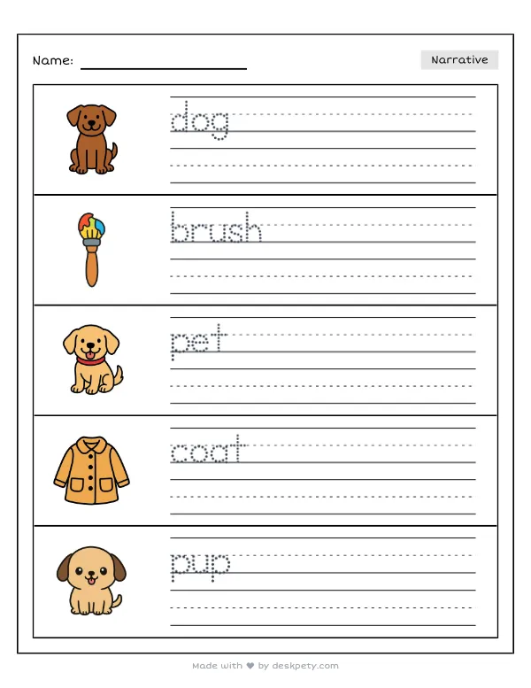 Free printable K-1 narrative writing prompt worksheet - Brushing my pet's coat makes it feel with word bank and handwriting lines