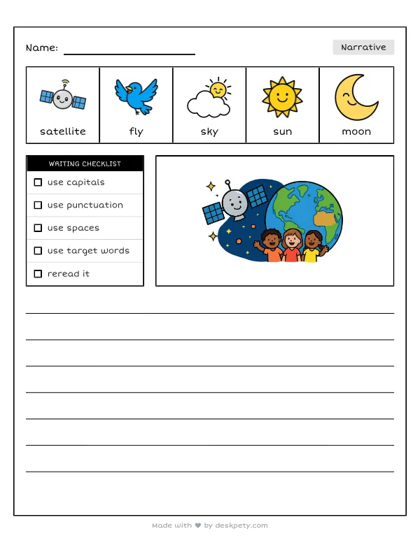 A shiny satellite orbiting high above the blue planet Earth — real worksheet preview with word bank and writing lines