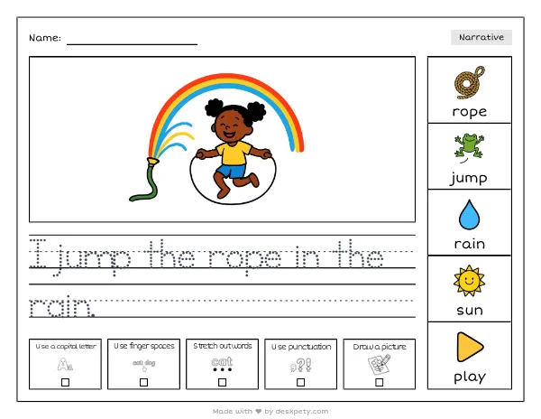 Free printable Kindergarten write and draw worksheet - A jumprope double-dutching under a rainbow sprinkler tracing sentence and coloring page