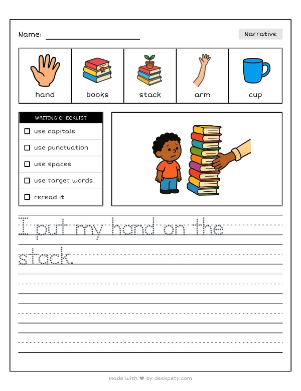 A hand reaching out to steady a wobbling stack of books — real worksheet preview with word bank and writing lines