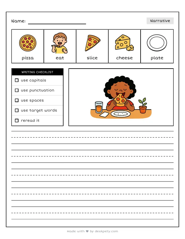 Eating my absolute favorite food in the whole world — real worksheet preview with word bank and writing lines