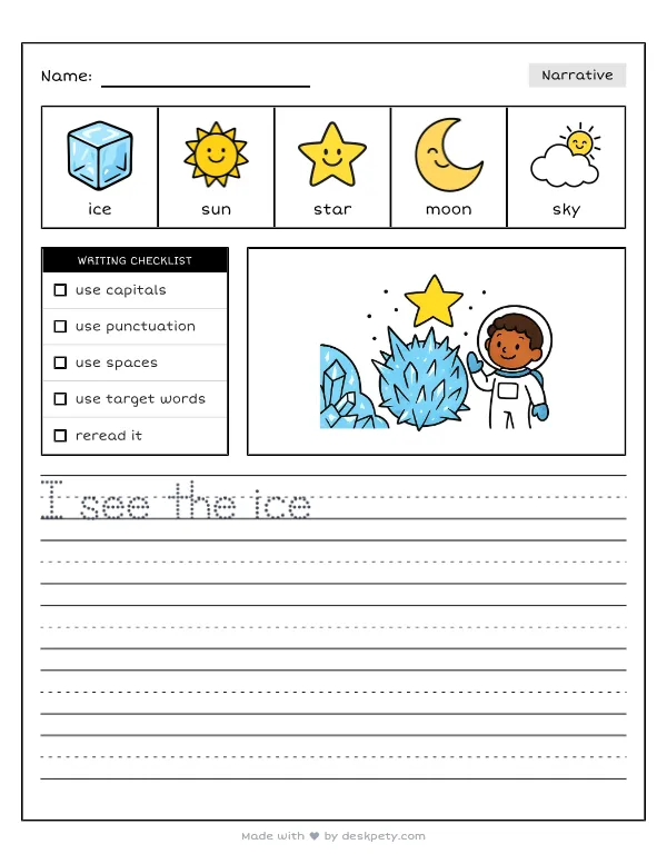 A planet made entirely of sparkling ice crystals — real worksheet preview with word bank and writing lines