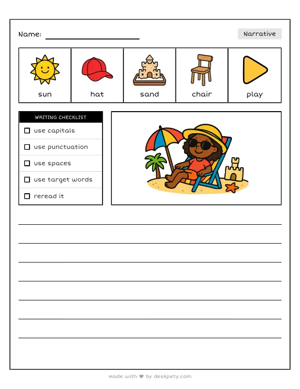 Relaxing in a beach chair wearing cool sunglasses — real worksheet preview with word bank and writing lines