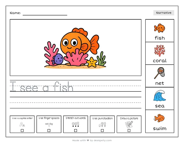 Free printable Kindergarten write and draw worksheet - Colorful fish hide safely inside the tracing sentence and coloring page