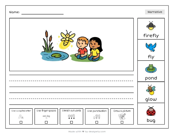 A firefly glowing beside a pond as it changes shape — real worksheet preview with word bank and writing lines