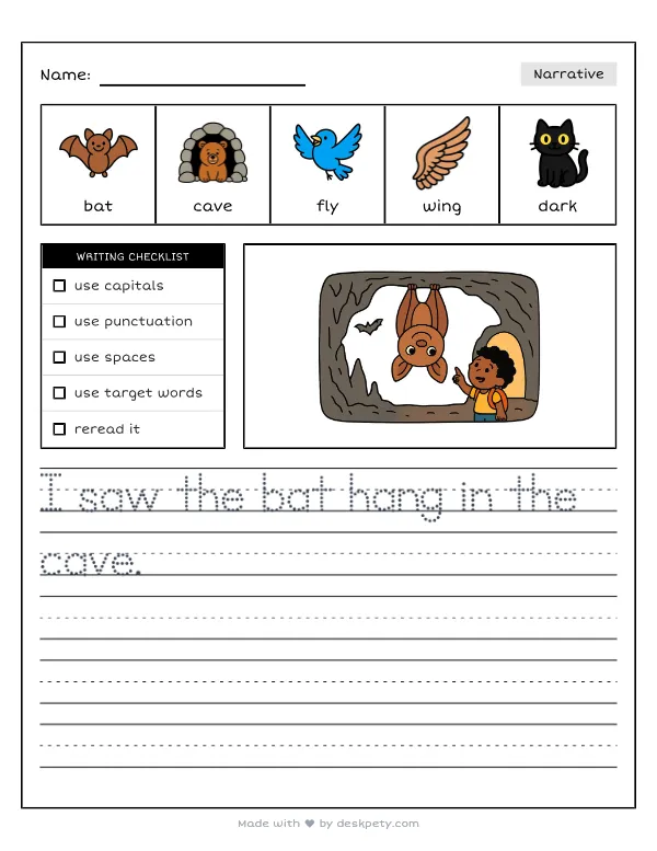 A bat hanging upside down inside a dark, echoing cave — real worksheet preview with word bank and writing lines