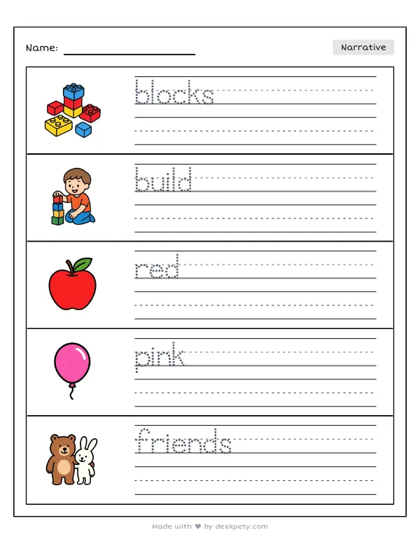 A group of kids building a tall tower from red and pink blocks — real worksheet preview with word bank and writing lines