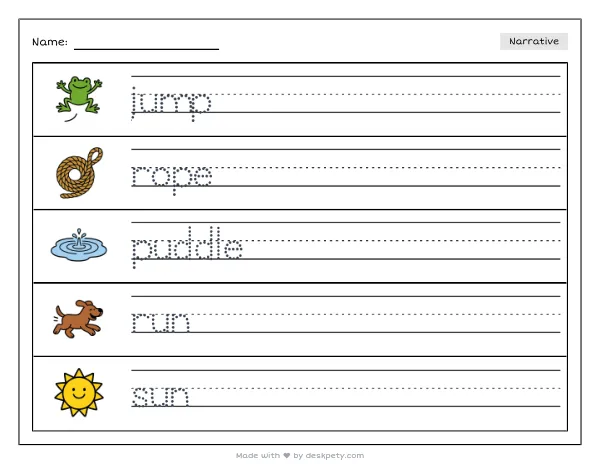 Free printable Kindergarten write and draw worksheet - A jump rope whipping over a puddle at noon tracing sentence and coloring page