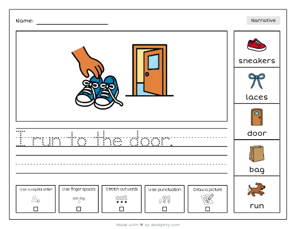 A pair of new sneakers with white laces beside a classroom door — real worksheet preview with word bank and writing lines