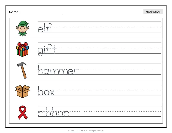 A little elf wrapping gifts with a hammer — real worksheet preview with word bank and writing lines