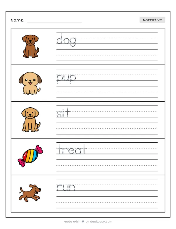 Free printable K-1 narrative writing prompt worksheet - Teaching a smart dog a new trick like with word bank and handwriting lines (page 1 of 5)