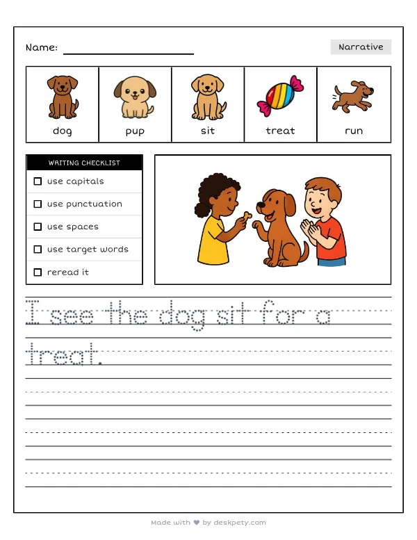 Free printable K-1 narrative writing prompt worksheet - Teaching a smart dog a new trick like with word bank and handwriting lines