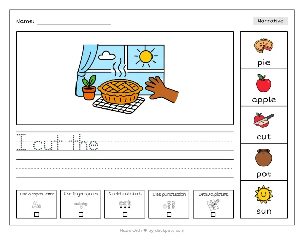 A warm apple pie cooling on a windowsill — real worksheet preview with word bank and writing lines