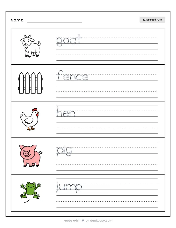 Free printable K-1 narrative writing prompt worksheet - A black and white goat standing on a wooden fence with word bank and handwriting lines