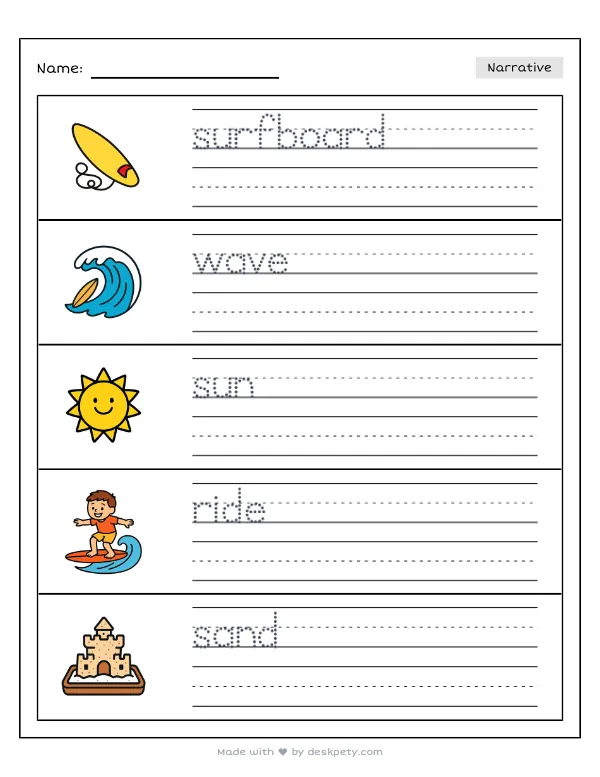 Preview of the riding a colorful surfboard on the crashing ocean waves writing worksheet — word bank, tracing lines and checklist (page 1 of 5)