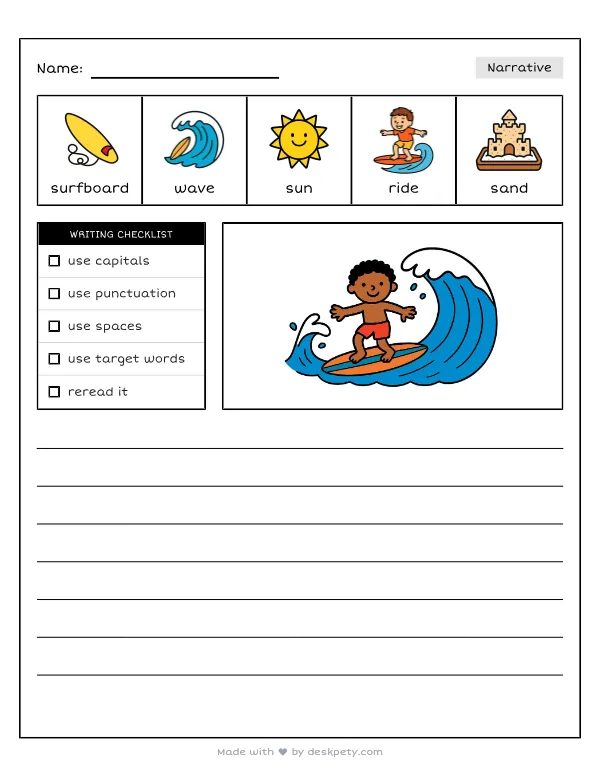 Riding a colorful surfboard on the crashing ocean waves — real worksheet preview with word bank and writing lines