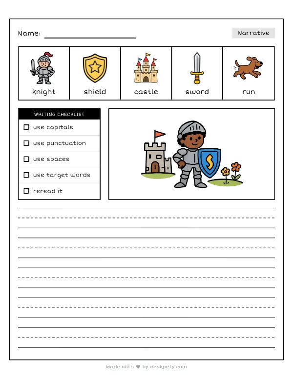 Free printable K-1 narrative writing prompt worksheet - A brave armored knight protects the kingdom from with word bank and handwriting lines