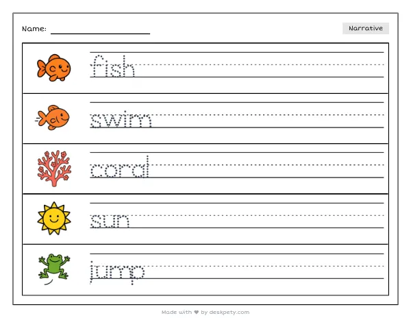 A child in a shimmering silver fish costume gliding through a coral reef with a school of bright orange clownfish — real worksheet preview with word bank and writing lines