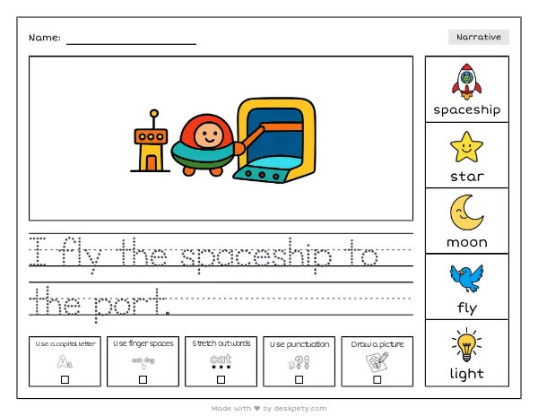 A spaceship docking at a glowing spaceport — real worksheet preview with word bank and writing lines