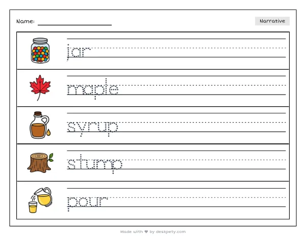 A jar of amber maple syrup on a wooden stump — real worksheet preview with word bank and writing lines