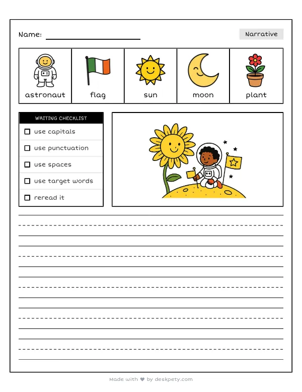 A lone astronaut planting a flag on a blooming sunflower moon — real worksheet preview with word bank and writing lines